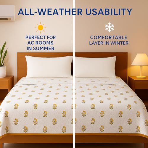 Image of Danip Pure Cotton Reversible AC Dohar Blanket, Throw - Printed Soft, Skin-Friendly, Lightweight & Ideal for All-Weather - 3 Layered Double Bed Dohar for AC Rooms (86 x 94 Inches) - White & M Yellow