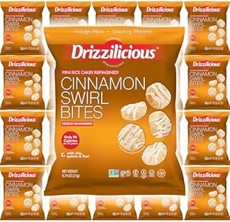 Drizzilicious Mini Flavored Rice Cakes Cinnamon Swirl - Rice Crisps, Healthy Snack for Adults and Kids, Vegan, Gluten Free Snack, Allergen Free, Only 90 Calories Per Bag - 0.74 oz (Pack of 20)