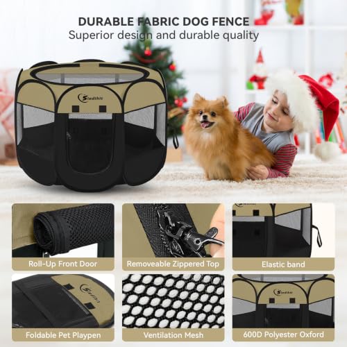 Image of Siedihit Dog Cat Playpen, Medium Puppy Pet Playpen, Dog Crate Tent Cage Indoor /Outdoor, Portable Pop Up Dogs Kennel Playpen with Carrying Case for Dogs /Cats /Rabbits(Black Khaki, Medium)