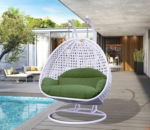 Image of Double Seater Hammock Swing Chair with Stand & Cushion | Heavy Duty Powder Coated Steel Frame | Outdoor Indoor Hanging Swing for Patio Balcony Garden Terrace Living Room (White-Dark.Green)