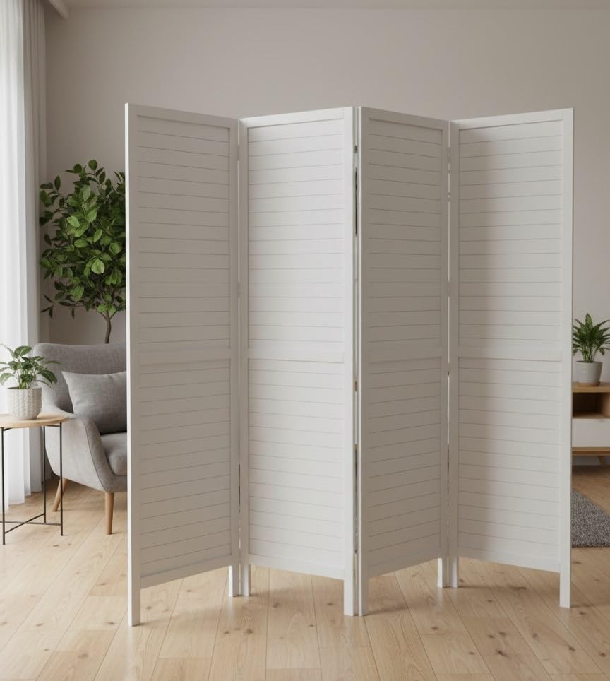 Premium Solid Mango Wood Room Divider –72"x20" Foldable Slatted Panel Wooden Partition with Matte White Finish | Privacy Screen for Home & Office | Decorative Wooden Separator (4 Panel)-picture-32