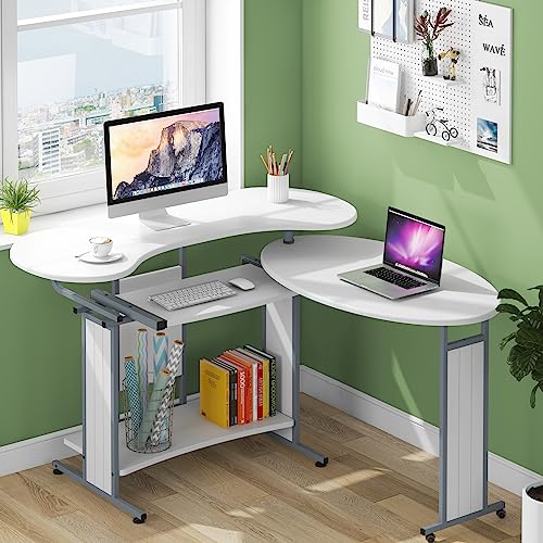 LITTLE TREE L-Shaped Computer Desk, Rotating Corner Desk & Modern Office Study Workstation, for Home Office or Living Room (White)