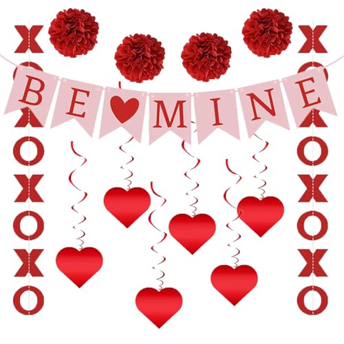 DWEARTY Happy Valentines Day Banner Decoration Set - Galentines Day Decorations for Party, Home, and Office - Includes Be Mine Banner, XXOO Slogan Decoration, Honeycomb Decoration, and Swirl Hang