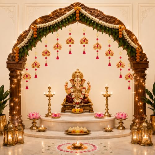 Image of JH Gallery Pink Pom Pom Lotus for Ganpati Decoration Setup for Home - Handmade Ganesh Chaturthi Backdrop, Pooja Room, Mandir & Main Door Toran (11 Inch, Pack of 10)