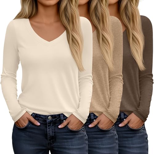 3 Pack Women's Long Sleeve T Shirts, Casual Loose Fit V Neck Tops Trendy Basic Tee Fall Cotton Outfits Clothes