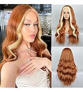 LUNDEREN Orange Wigs for Women Long Orange Wavy Wig Orange Wig with Blonde Synthetic Wig Heat Res...