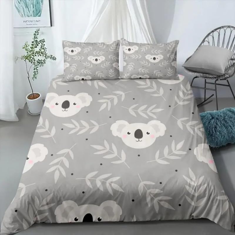 Housse de couette 240x260 koala gris avec 2 taies d'oreiller en microfibre 110g