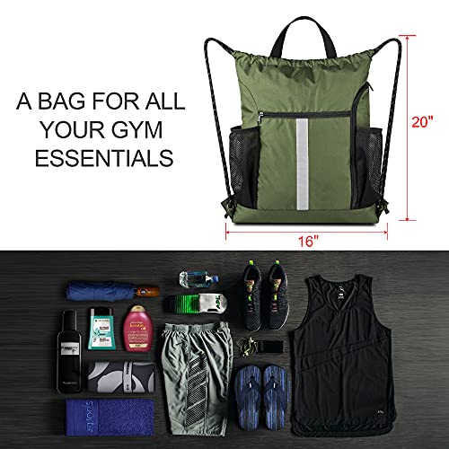 Image of BeeGreen Moss Green Drawstring Bag Pack Sport Cinch Sack with Shoe Compartment and Two Side Mesh Pockets Heavy Duty Gym String Backpack for Unisex