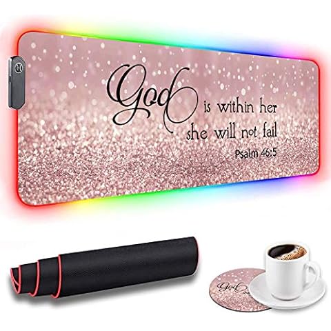 RGB Gaming Mouse Pad and Cup Coaster,LED Large Extended Mouse Mat with 12 Lighting Modes, Anti-Slip Rubber Base, Computer Keyboard Desk Mouse Mat 31.5 X 11.8 Inch,Glitter Quote Bible Verse Psalm 46:5 Cover