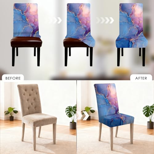 Image of Nuxovilar 4PCS Blue Pink Gold Marble Fluid Stretch Chair Covers