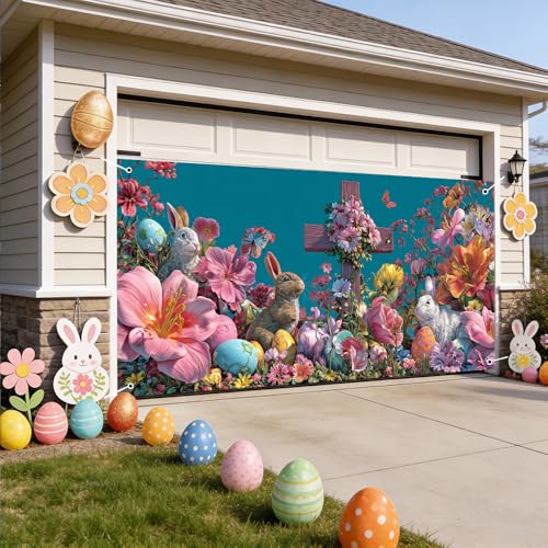 Image of Spring Floral Cross Garage Door Cover 157x70 inch Bunny Colorful Eggs Butterfly Christian Outdoor Mural Waterproof Easter Home Decor