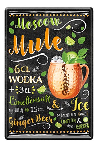 Moscow Mule Cocktail receta – Cartel decorativo retro – Placa de metal para decoración de cocina, bar, pub, sótano, club, bar – Instrucciones para mezclar cócteles Longdrink – 20x30 cc