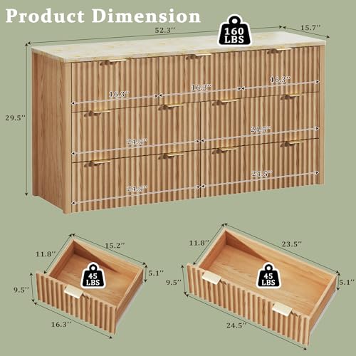 Image of HUAHUU Fluted Dresser for Bedroom with 7 Drawers, 53 inch Wide Mid Century Modern Dressers with Faux Marble Top & Metal Handle, Wooden Chest of Drawers TV Stand, Natural Oak