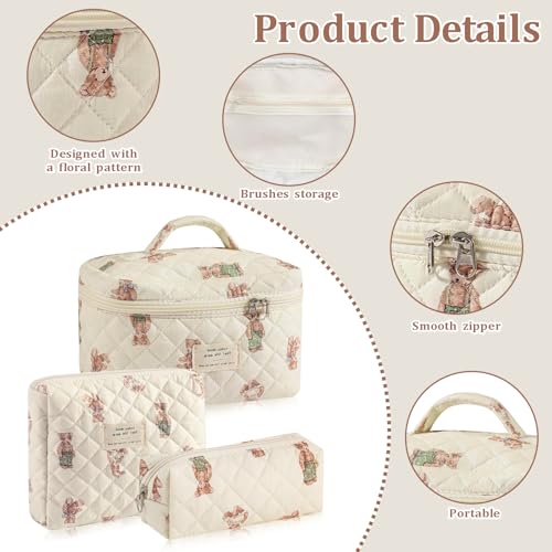 3 Pcs Cotton Quilted Makeup Bag Set, Floral Cotton Cosmetic Bag, Aesthetic Toiletry Travel Organizer Bag for Women Girls (Bear)3