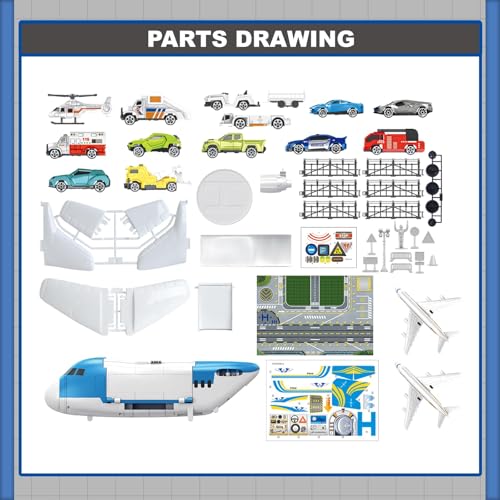 Maycoly Transport Flugzeug Spielzeug,Insgesamt 15 Fortbewegungsmittel mit Verkehrsschildern und Spielmatten,Flugzeug für Kinder mit Hubschrauber,Auto Spielzeug Kinder 3+ Jungen Mädchen