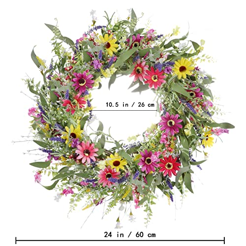 Jinghong 24 Inch Spring Wreath,Artificial Spring Wreaths For Front Door Colorful Summer Flower Wreath Floral Wreaths For Front Door Wall Home Decor And Spring Summer Decorations #TOP1