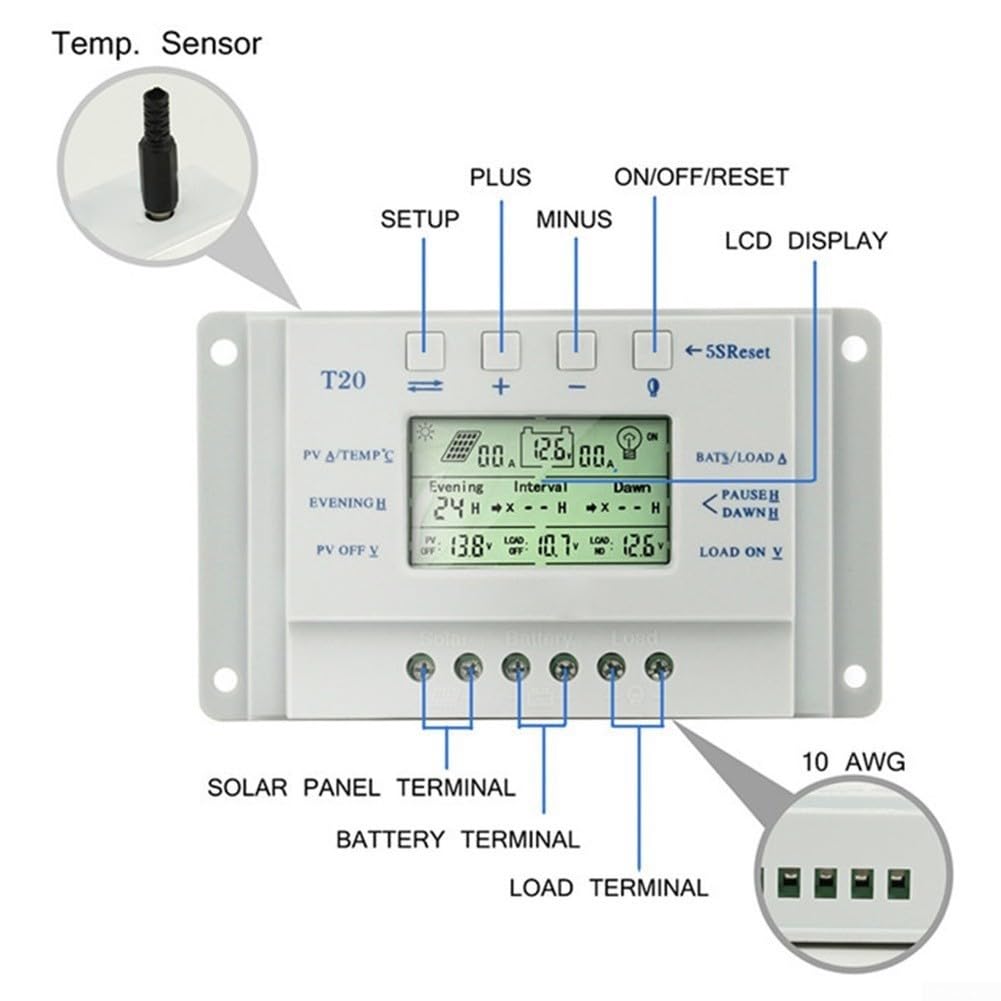 Contrôleur de charge solaire PWM 20 A 12 V/24 V LCD double minuterie Détection automatique pour la maison, camping-car, bateau, camping