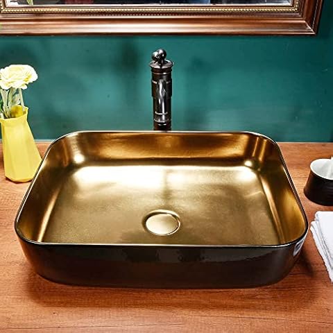 Qinlang Round Vessel Bathroom Sink, Floral Blue Above Counter Ceramic Vanity Art Basin (Golden Inside and Black Outside) Cover