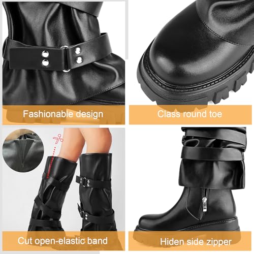 Knee High Boots for Women Fold Over Round Toe Stylish Slouchy Platform Low Heel Wide Calf Biker Moto Gothic Buckle Fashion Boots2