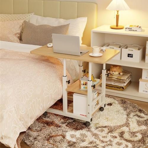 Image of Height Adjustable c Table with Wheels, Small Overbed Tables, End Table with Storage Shelves, Sofa Desk Hospital Laptop Stand Drawing Desk Mobile Couch Snack Side Desks with Tiltable Drawing Board