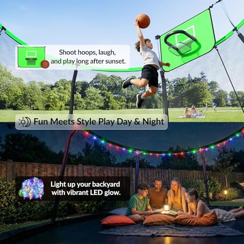 Image of ACWARM HOME Trampoline Outdoor 8FT 10FT 12FT 14FT 15FT 16FT Trampoline with Basketball Hoop and LED Lights, Recreational Trampolines for Kids and Adults with Enclosure Net & Ladder, ASTM Approved