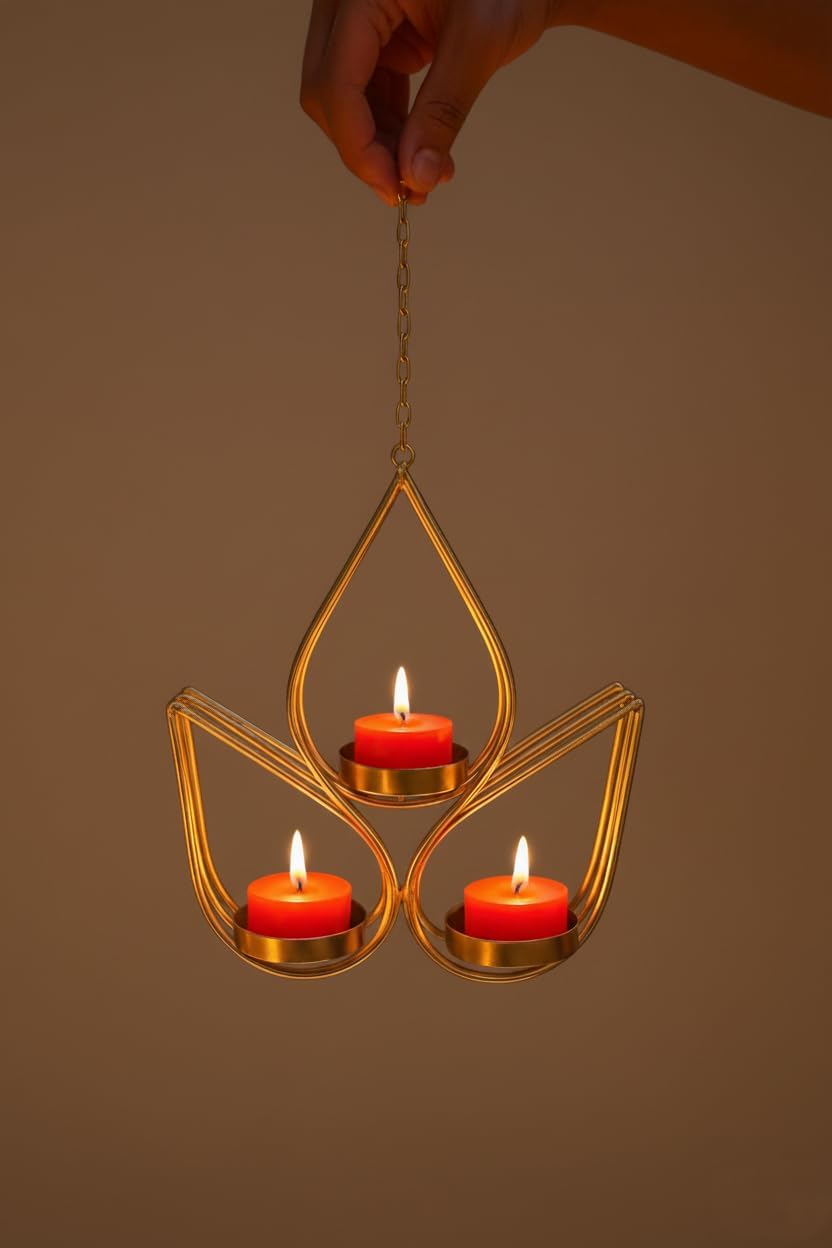 Metal Hanging Candle Holder for Wall & Table Décor | Triple Tealight Candle Stand with Chain | Modern Home & Diwali Decoration | Height 9.45 Inches | Weight 0.99 lb