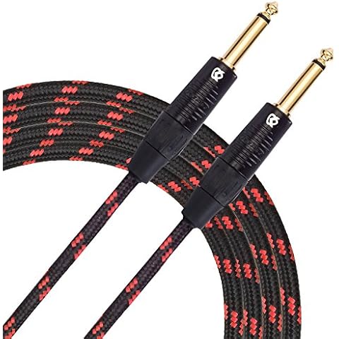 KLIQ Guitar Instrument Cable, 10 Ft - Custom Series with Premium Rean-Neutrik 1/4" Straight Gold Plugs, Black/Red Tweed Cover