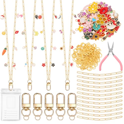 Tondiamo 107 Pcs Gold Lanyards Making Kit for ID Badges 6 Necklace 50 Charms 50 Jump Ring Chain Lanyards for Teacher ID Badge Holder Women DIY Craft