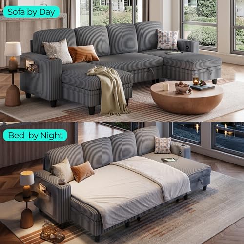Image of LINSY HOME Sectional Sofa with Pull Out Bed, 4 Seats Corduroy Reversible Sleeper Sofa with Storage Seats, USB Ports, Cup Holders, Side Pocket, U Shape Sectional Couches for Living Room, Gray