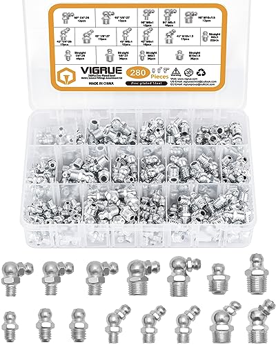 VIGRUE 280Pcs Grease Fittings Kit 1/4-28 1/8-27 M6 M8 M10 SAE & Metric Zerk Grease Fittings Assortment with Straight, 45, 90 Degree for Automotive, Industrial Use