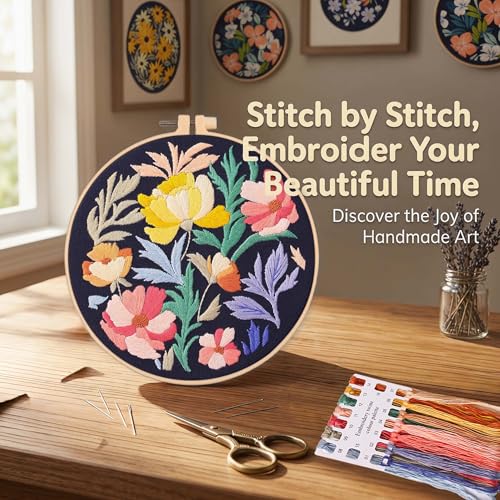 Image of Harimau Adult Beginner Embroidery Starter Kit, Complete Set with 4 Patterns, 2 Hoops, Needles, Scissors, Instruction Guide & Stitching Video Tutorials