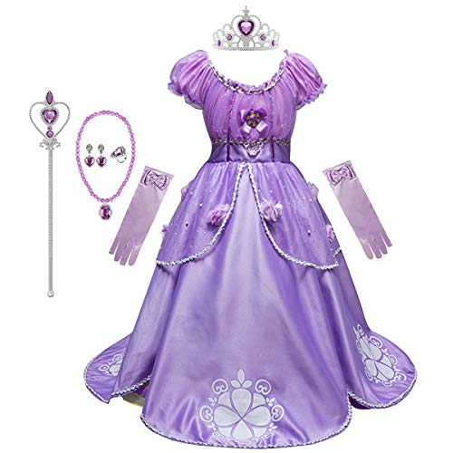 REXREII Girls Rapunzel Princess Sofia Costume Fancy Dress Halloween Christmas Party Birthday Evening Ball Gown w/Gloves Accessories 6-7T