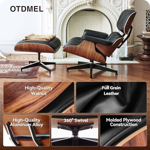 OTDMEL Mid Century Black Top Grain Leather Chaise Lounge Chair & Ottoman - 5