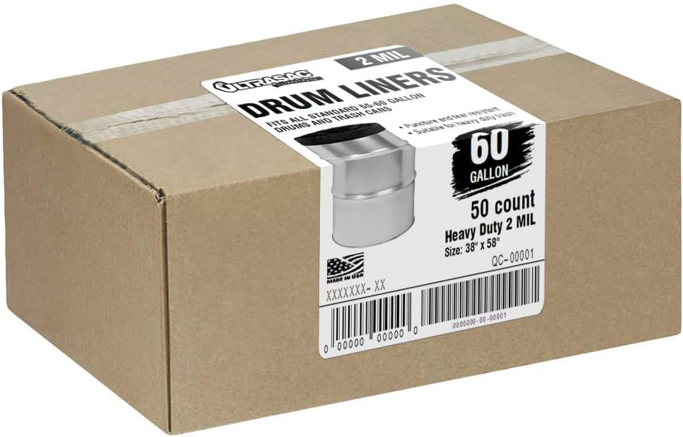 Ultrasac - Heavy Duty Drum Liner, 55-60 Gallon, 2 Mil, 38"x58", Black, 50 Count/w Ties