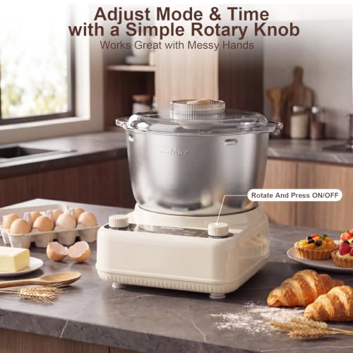 Image of Electric Dough Maker with Ferment Function, 6.5QT Stand Dough Mixer, Dough Kneading Machine with 304 Stainless Steel Bowl, Removable Lid & Knob Control, Ideal for Bread, Pizza, Pasta - Almond Cream