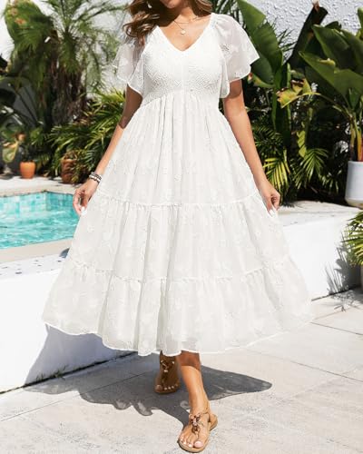 Image of Pinup Fashion Maternity Summer Dress Baby Shower Easter Pregnancy A-Line | Smocked V-neck, flutter sleeves, breathable floral fabric, bump friendly, perfect for photoshoot, spring casual,postpartum