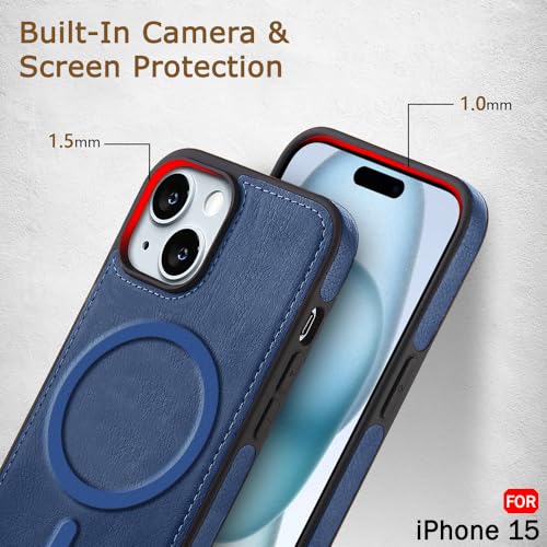 Image of TheGiftKart Genuine Leather Finish Back Cover Case for iPhone 15 | Shockproof Design | Raised Edges for Camera & Screen Protection | Stunning Minimalist Design Case Cover (MagSafe Compatible, Blue)