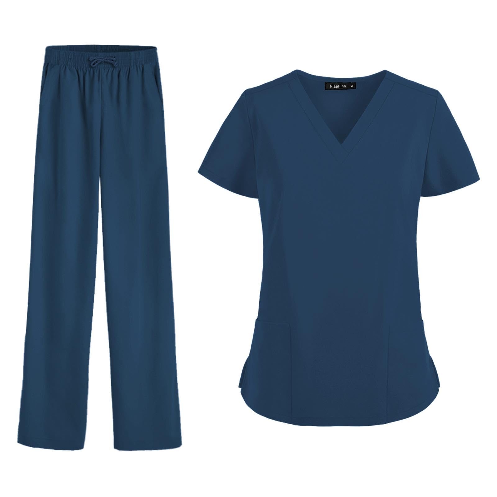 Oshhni Frauen Scrubs Sets Arbeitskleidung Kleidung Dünne Krankenpflegeuniformen Set Kurzarm für Skin Manage Cosmetology Beauty Spa Center, Marine, xxL