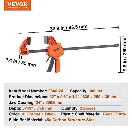 Image of VEVOR Bar Clamps for Woodworking, 2-Pack 24 inch One-Handed Clamp /Spreader, Quick-Change F Clamp with 300 lbs Load Limit, High-strength Plastic and Carbon Steel, Wood Clamps for Woodworking Metal Working