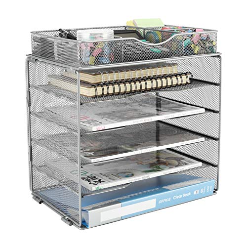 EasyPAG 5 Niveles Metal Malla A4 Bandeja Archivador Organizador Oficina Soporte Documentos Clasificador Papeles Almacenamiento Escritorio Estante Folios con Cajón,Plateado