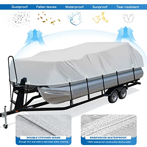 Solim Trailerable 800D PU Heavy Duty Pontoon Boat Cover, 22-24ft Waterproof Marine Grade Oxford UV Resistant Polyester Canvas Cover, Boat Cover for Pontoon with Adjustable 18 Tie Down Straps, Gray