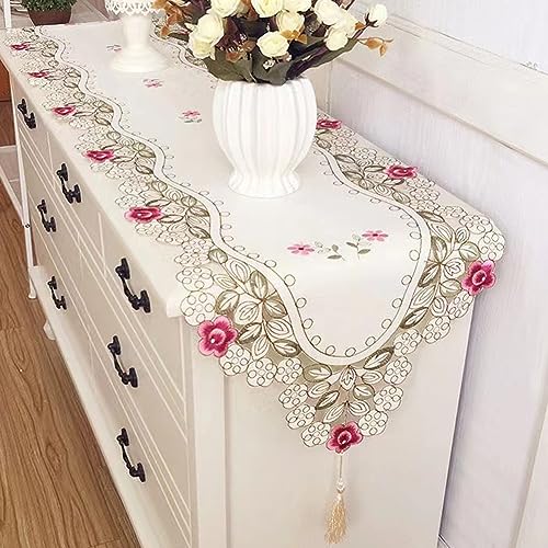 MULBESS Floral Design Embroidered Cutwork Table Runner, Macrame Farmhouse Table Centerpiece, Rectangle Dresser Scarf for Wedding Shower Kitchen Outdoor Party Decor 16’’W x 59’’L