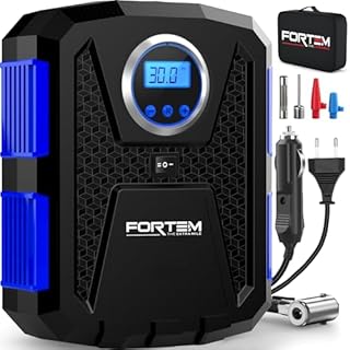 FORTEM Compressore Aria Portatile per Pneumatici, Pompa per Bicicletta, Compressore Aria 230V AC 12V DC con Luce a LED, Manometro Digitale Pneumatici con Gonfiaggio/Spegnimento Automatico (Blu)