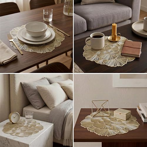 Image of Yellow Weaves 2 Pcs PVC Bloom Petal Design Table Placemat, Dining Table Mat, Anti-Skid, Washable, Dining, Kitchen, Restaurant Table Set Easy to Clean, Durable (Golden)