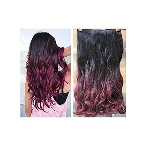 20” Thick Long Curly Wavy One Piece Clip in on Hair Extensions Black Red Ombre Hairpieces with 5 Clips (20" Curly-Black to plum red) Cover