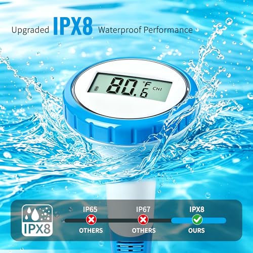 Pool Thermometer Floating Easy Read, Waterproof Wireless Digital Pool Thermometer with Large Screens, IPX8 Waterproof High Precision Temperature Gauge for Swimming Pool, Hot Tub, Spa, Pond, Fish Tank