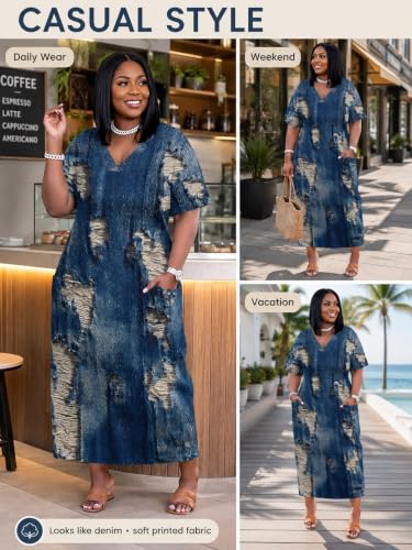 Image of SUZONANA Womens Plus Size Denim Print Maxi Dresses Casual Jean Look Dress