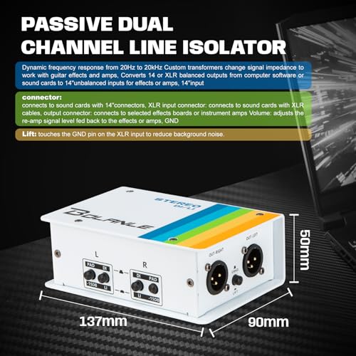 Bolanle Passive Dual Channel Direct Box and Line Isolator DI/LI Switch, Stereo/Mono DI Box for Guitar, Bass, Keyboard, Studio/Stage XLR