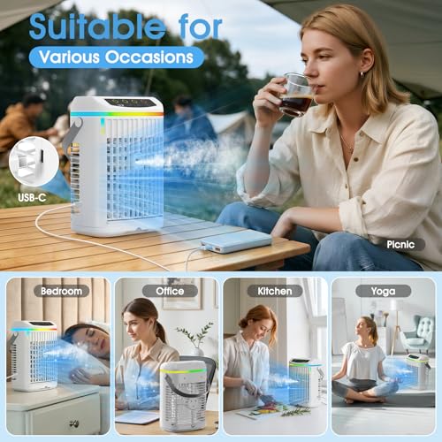 Lomffy Mobile Klimageräte mit Fernbedienung, 4 in 1 Mini Luftkühler mit 1000ML Verdunstungsluftkühler mit 3 Windgeschwindigkeiten, 2 Nebelmodi, 1- 4H Timer & 7 Farben Nachtlicht für Zimmer u-8