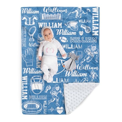 Duckbe Personalized Football Blanket - Custom Names Soft Plush Flannel Blanket with Double Layer Dotted Backing for Baby Kid Teen Boys Girls Gifts Light Blue